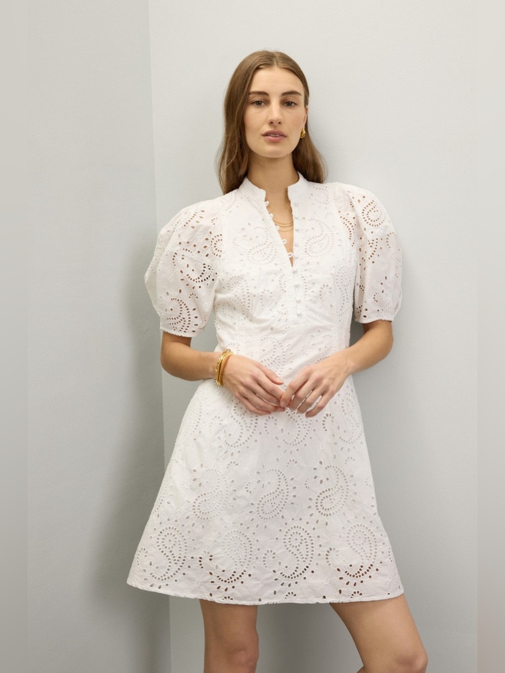 CLUB MONACO White Eyelet Balloon Sleeves A-Line Mini Dress